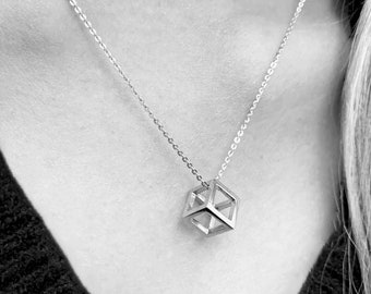 Womens Silver Charm Necklace - 3D Cube Pendant Necklace Geometric Necklace Sacred Geometry Necklace