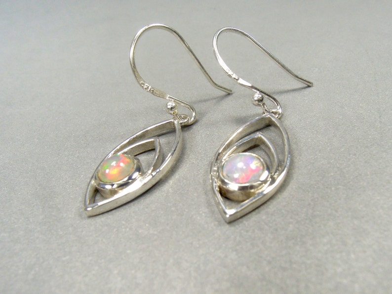 White Opal Earrings Australian Opal Earrings Silver Opal Earrings Multicoloured Gemstone Earrings Opal Drop Earrings Sterling Silver