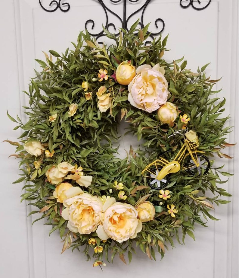 Bicycle Wreath Peony Fern Wreath Yellow Wreath Bicycle Frontdoor Beach Cruiser Summer Wreath door wreath Peony Wreath Peonies