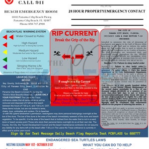 May include: A beach safety poster with emergency contact information, beach flag warning system, and rip current instructions. It also includes information on the Leave No Trace ordinance and endangered sea turtle laws.