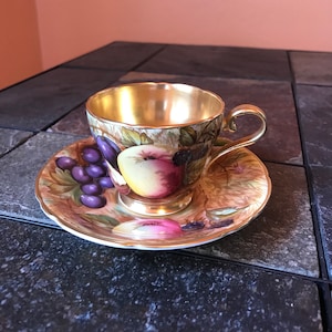 Aynsley All Fruits Orchard Gold Footed Cup And Saucer C746 Signed N Brunt Fine Bone China