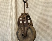 Primitive pulley, antique swivel pulley, swivel pulley, wooden spool pulley, farmers modified pulley.