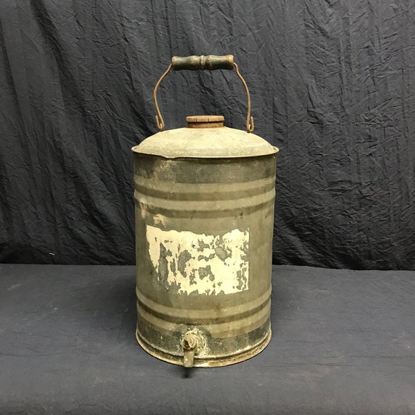 Vintage Galvanized Metal Water Cooler with Metal Spigot and Wire with Wood Handle.