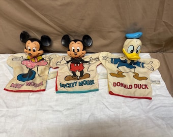 Lot of three vintage Walt Disney Puppets. Mickey Mouse, Minnie Mouse, and Donald Duck Puppets.