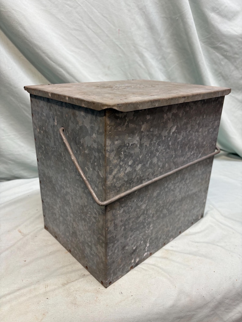 Peut inclure: Un conteneur de stockage en m&eacute;tal galvanis&eacute; avec un couvercle et une poign&eacute;e en fil de fer. La bo&icirc;te rectangulaire a un aspect l&eacute;g&egrave;rement vieilli, avec des coutures et des rivets visibles. Le couvercle est bien ajust&eacute; et la poign&eacute;e est arqu&eacute;e.
