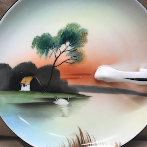 Vintage Noritake hand painted Swan on the pond Nappy dish. Vintage glassware. Vintage lemon dish.
