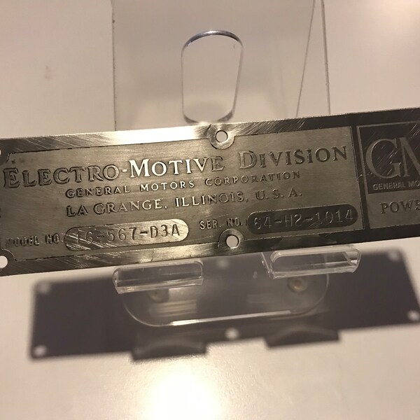 Vintage General Motors Electro-Motive Division 16-567 Diesel Engine Nameplate. GM Diesel Engine Builders Plate.