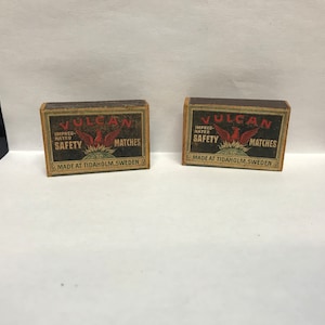 Two boxes of vintage Vulcan Safety Matches. Vintage wood matches. Advertising Match Box. Swedish Matches.