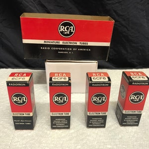 Lot of Four RCA 6CFC Radio Tubes, Miniature Electron Tubes. Vacuum Tubes, Great RCA Packaging and Advertising, RCA Advertising.