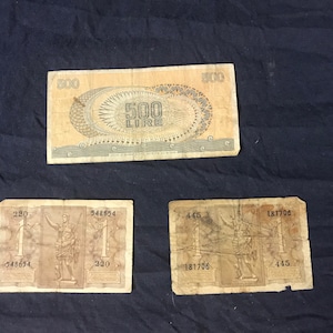 Lot of six vintage Lire bank notes. Vintage paper money. Vintage Foreign Currency.