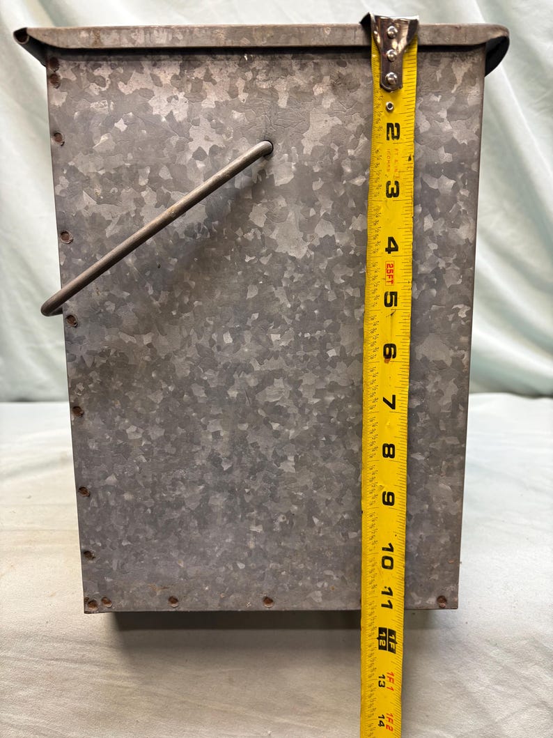 Peut inclure: Un seau en m&eacute;tal galvanis&eacute; avec une poign&eacute;e. Le seau rectangulaire mesure environ 33 cm de haut. Le m&eacute;tal a un aspect mouchet&eacute; et le seau a un design simple et utilitaire.