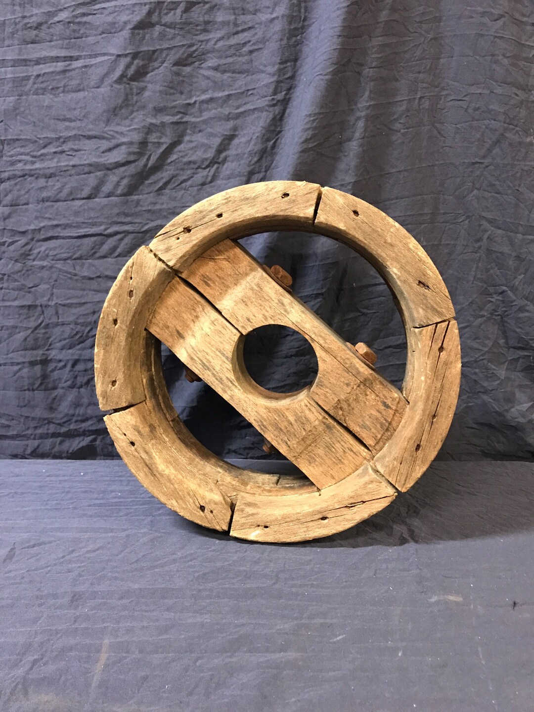 Vintage Wooden Flat Belt Pulley. Industrial Pulley. Primitive Wood