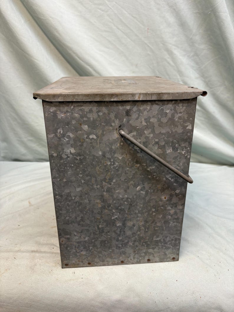 Peut inclure: Un seau rectangulaire en m&eacute;tal galvanis&eacute; avec un couvercle &agrave; charni&egrave;re et une poign&eacute;e en fil de fer. Le seau a une surface tachet&eacute;e et textur&eacute;e et est con&ccedil;u pour le stockage. Le couvercle est plat et chevauche l&eacute;g&egrave;rement les c&ocirc;t&eacute;s.