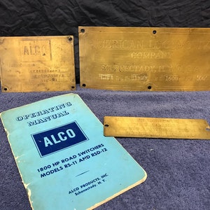 Vintage ALCO Diesel Engine Builders Plate starters set. Alco Builders Name Plate. ALCO Turbo supercharger Plate, ALCO Patent Plate.