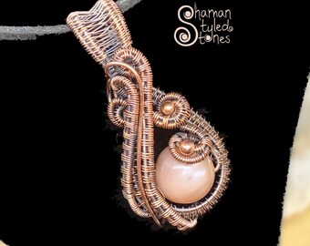 Sunstone bead pendant, shaman styled in oxidized copper