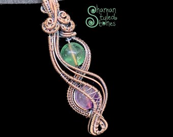 2 Bead Fluorite pendant, shaman styled in oxidized copper