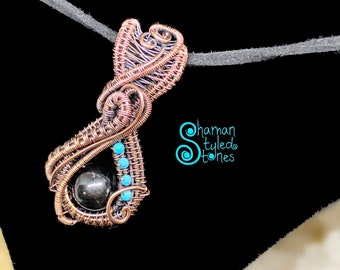 Black Tourmaline and Turquoise, shaman styled in oxidized copper