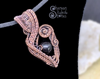 Black Tourmaline bead pendant, shaman shielded in oxidized copper