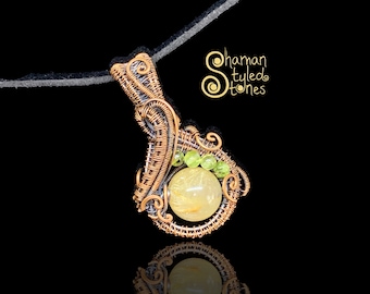 Golden Rutilated Quartz 12mm bead pendant with Peridot accents, shaman styled in oxidized copper
