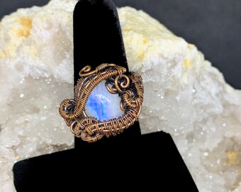 Rainbow moonstone ring, shaman styled in oxidized copper