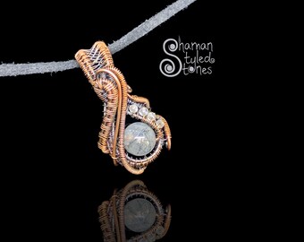 Black Rutilated quartz 8mm bead, shaman styled in oxidized copper