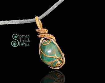 Bloodstone tumble, shaman styled in oxidized copper