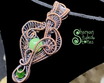 Reversable Green calcite bead with diopside, shaman styled in oxidized copper
