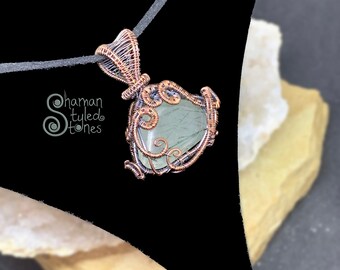 Reversible Green Rutilated Quartz tumble pendant, shaman styled in oxidized copper