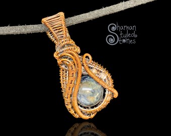 Pietersite bead flame pendant, shaman styled in oxidized copper