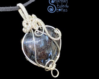 Arfvedsonite heart, shaman styled in argentium silver