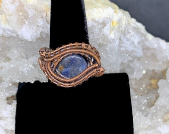 Eye of Aphrodite kyanite ring, shaman styled in oxidized copper