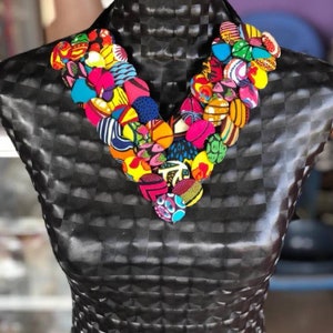 Unique Multicolored Ankara Fabric Covered Button Bib Statement Necklace With Ribbon Tie. Jewelry for Her. Free U.S. Shipping