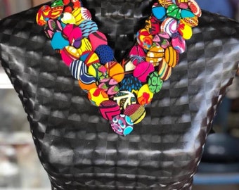 Unique Multicolored Ankara Fabric Covered Button Bib Statement Necklace With Ribbon Tie. Jewelry for Her. Free U.S. Shipping