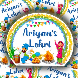 Etiquetas/pegatinas personalizadas para recuerdos de Lohri. Personalizables e imprimibles.