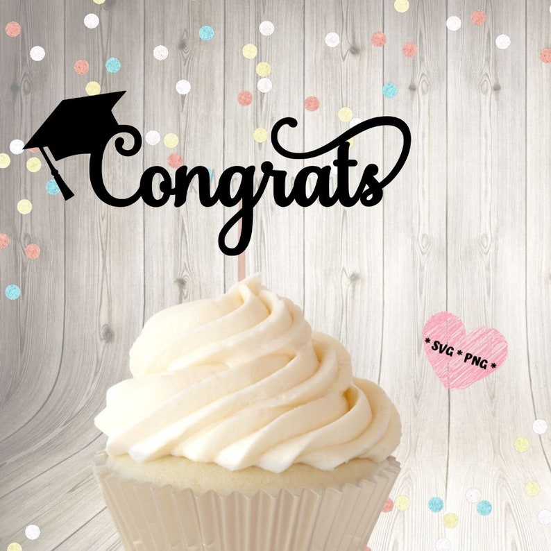 May include: Black cupcake topper with a graduation cap and the word "Congrats" in a cursive font. The topper is on top of a white cupcake with white frosting.