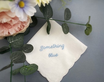 Something Blue beautiful hand embroidered keepsake wedding white handkerchief hanky tissue great bride gift present