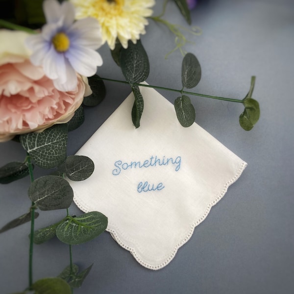 Something Blue beautiful hand embroidered keepsake wedding white handkerchief hanky tissue great bride gift present