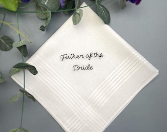Father of the Bride Father of the Groom hand embroidered wedding white handkerchief hanky tissue great gift present