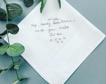 Beautiful customised actual handwriting hand embroidered wedding handkerchief hanky great keepsake gift for bride groom father of the bride