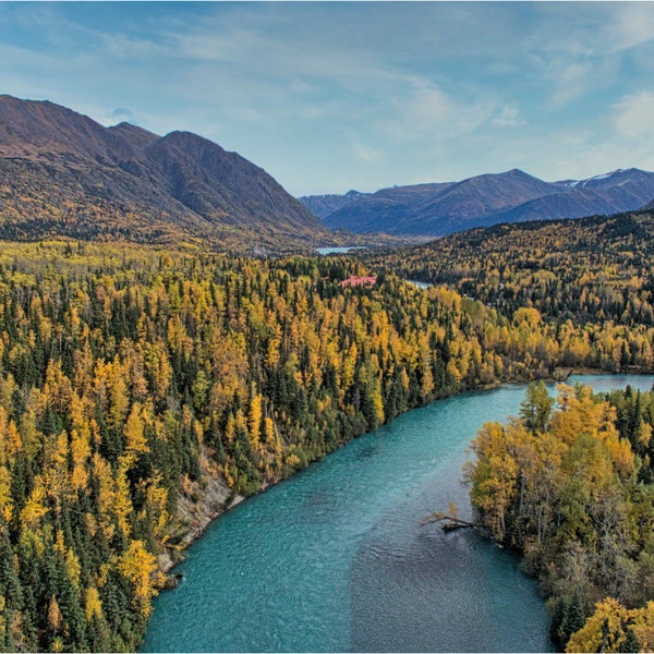 Alaskan Zoom Background Kenai River in the Fall aerial image, Cooper Landing, Alaska