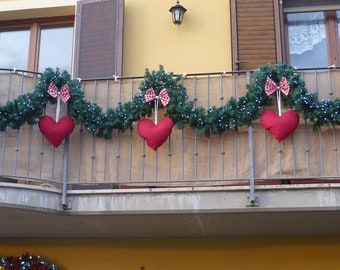 Gingham bow with hanging heart, Heart Christmas decoration , country-chic padded Hearts, bow with heart