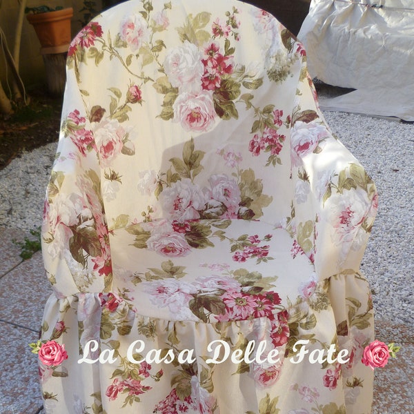 Housse de chaise fleurie rose shabby-chic avec volant pour chaise en plastique avec accoudoirs de jardin, housse de chaise fleurie avec jupe pour cérémonies