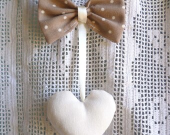 Bow with hanging heart, Heart decoration for curtain, country chic padded Hearts, bow Curtain Decor, curtain accent, heart curtain decor