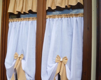 Custom country-chic window gingham curtain with valance and bow, customized cafe curtain with border, privacy porter curtain with valance