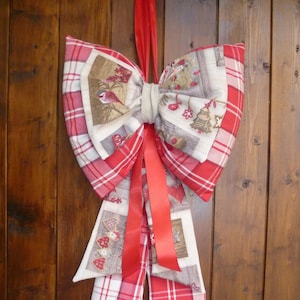 Christmas bow tree topper with tree skirt combined, country-chic red bow tip for tree, Christmas tartan bow outdoor, welcome sign bow