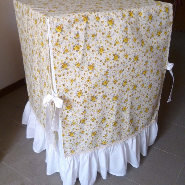 Housse de machine à laver champêtre chic avec roses jaunes avec volants en dentelle et lacets latéraux, housse de sèche-linge fleurie, housse de machine à laver fleurie shabby-chic