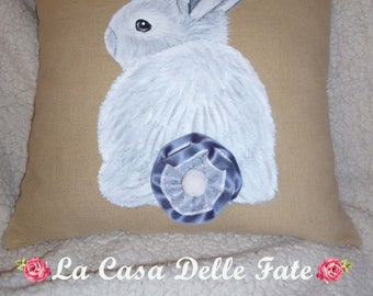 Cojín de conejito de Pascua, pintura sobre tela, cojín de conejo, conejo pintado estilo shabby chic, funda de almohada, decoraciones de Pascua