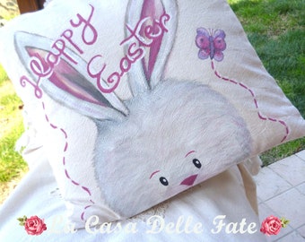 Almohada de conejito de Pascua, pintura de tela, almohada de conejito, pintura de conejito sobre tela, funda de almohada, decoraciones de Pascua