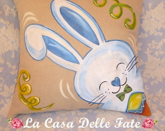 Almohada de conejito de Pascua, pintura de tela, almohada de conejito, pintura de conejito sobre tela, funda de almohada, decoraciones de Pascua