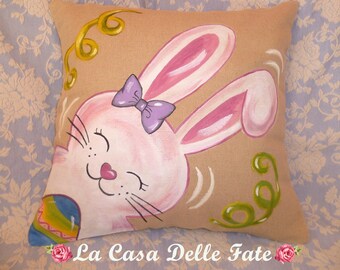 Cojín de conejito de Pascua, pintura sobre tela, cojín de conejito, conejito pintado sobre tela, funda de almohada, decoraciones de Pascua